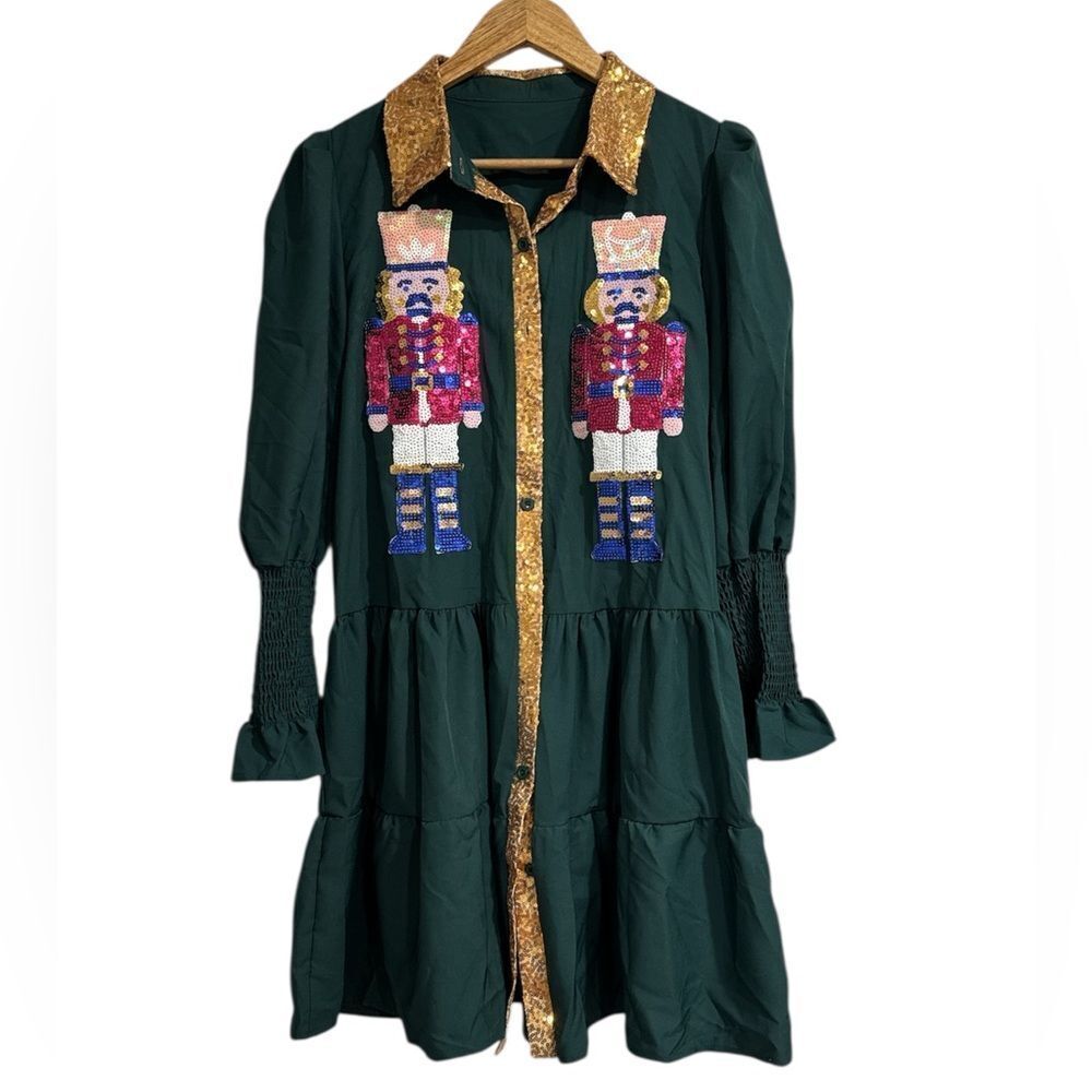 SHEIN Green Dress with Nutcracker Design and Gold Accents NWOT